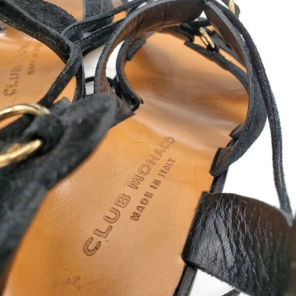 Club Monaco Jonet Black Suede Gold Rings Lace-Up Ankle Wrap Block Heel Sandals - Picture 7 of 12